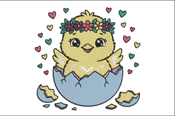 Cute Chick Floral Egg Embroidery Design