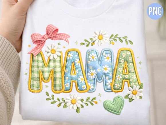 Mama Floral Embroidery Daisy Bow PNG